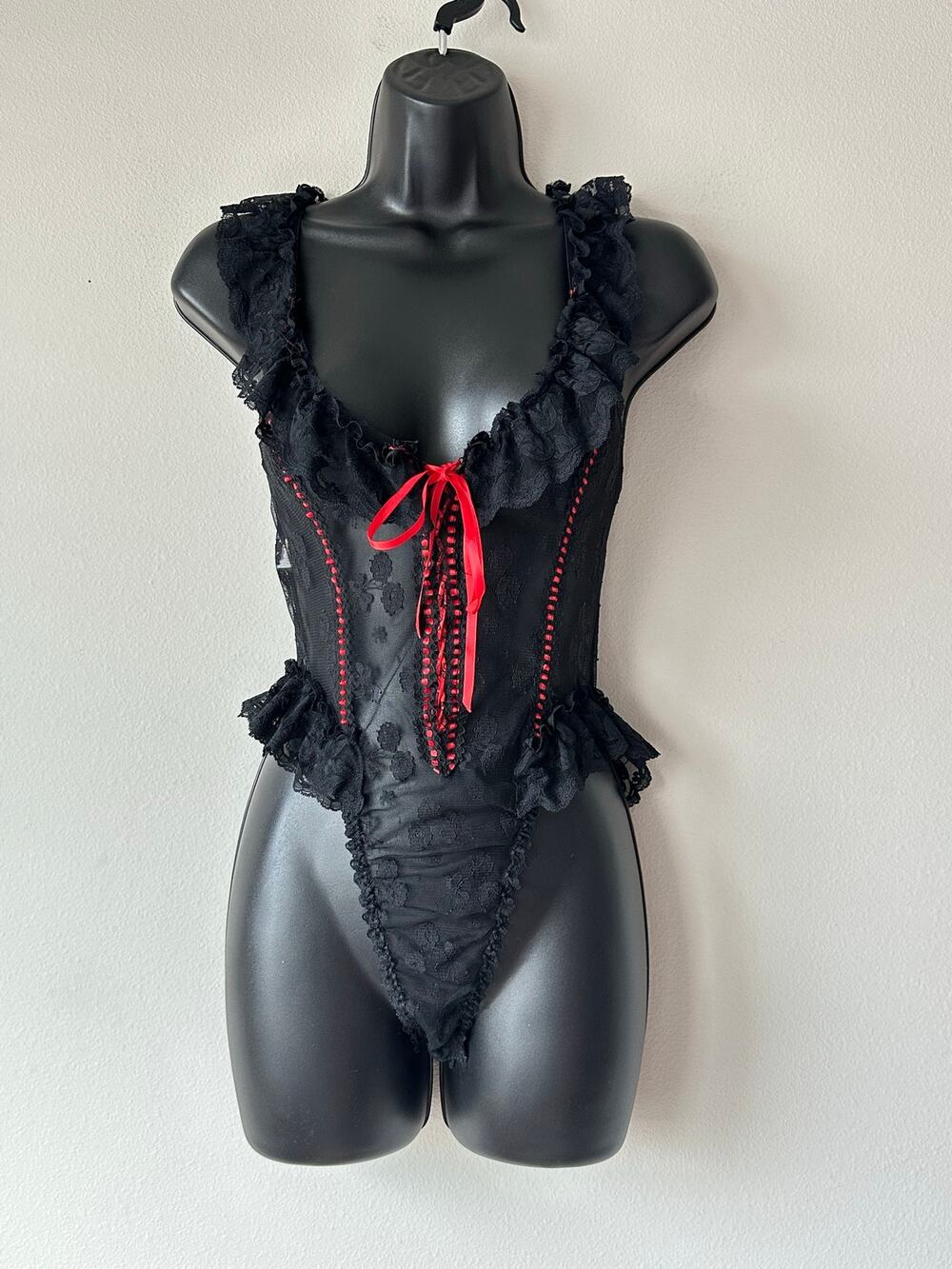 Vintage E. Bole Black Lace Teddy Bodysuit Red Ribbon Gothic Coquette S